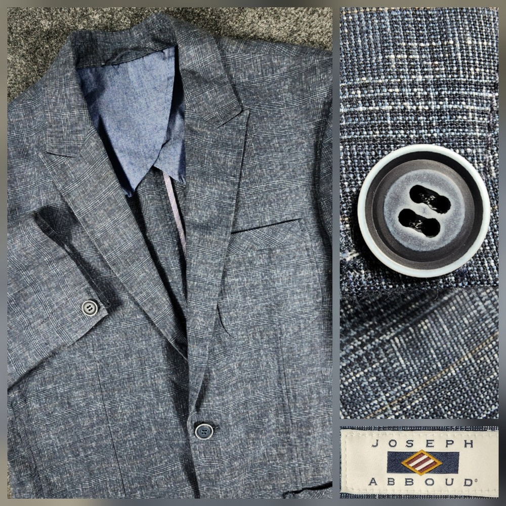 Joseph Abboud Sport Coat Mens Size S 40S Blue Linen Cotton Plaid Blazer